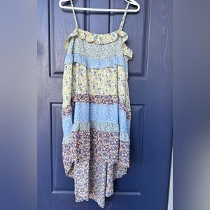 Umgee Women's Blue, Yellow, Pink, Cream Floral Mixed Media High-Low Dress, Sz S